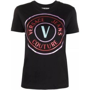 Versace Jeans Couture, Glitter Logo Korte Mouw T-shirt Zwart, Dames, Maat:M