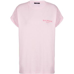 Balmain, Tops, Dames, Roze, XS, Katoen, T-shirt met flock Paris logo