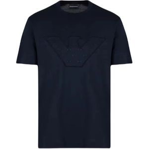 Emporio Armani, Blauwe Lyocell Blend Jersey T-shirt met Maxi Adelaar Borduurwerk Blauw, Heren, Maat:L