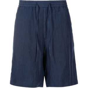 Emporio Armani, Blauwe Linnen Trekkoord Bermuda Shorts Blauw, Heren, Maat:S