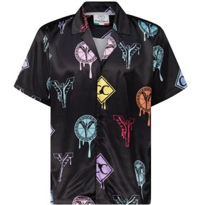 Carlo Colucci, Overhemden, Heren, Veelkleurig, L, Satijn, Satin-look shirt met logo prints