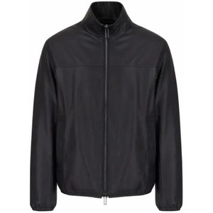 Armani, Jassen, Heren, Zwart, L, Leer, Luxe Lam Nappa Bomber Jas