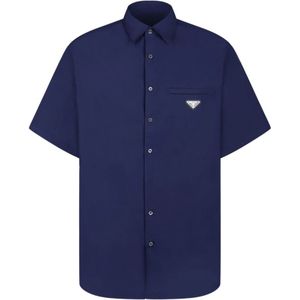 Prada, Overhemden, Heren, Blauw, M, Katoen, Blauwe Poplin Shirt Klassieke Kraag Knoop