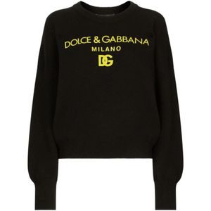 Dolce & Gabbana, Truien, Dames, Zwart, S, Zwart Geel Crewneck Sweater