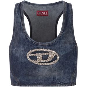 Diesel, Tops, Dames, Blauw, S, Denim, Blauwe Denim Mouwloze Top met Kristal Logo