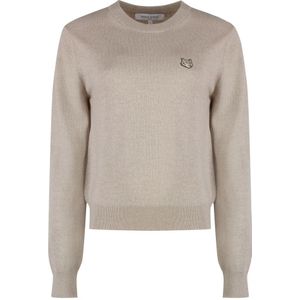 Maison Kitsuné, Truien, Dames, Beige, S, Wol, Vos Patch Wollen Trui