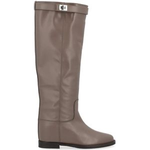 Via Roma 15, Taupe Leren Hoge Laarzen met Zilveren Slot Beige, Dames, Maat:37 EU