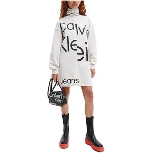 Calvin Klein, Kleedjes, Dames, Wit, L, Katoen, Verstoord Logo Roll Korte Jurk