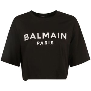 Balmain, Tops, Dames, Zwart, XS, Katoen, Logo-Print Crop T-shirt