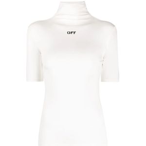 Off White, Tops, Dames, Wit, S, Witte T-shirt met Zwarte Logo Print en Hoge Hals