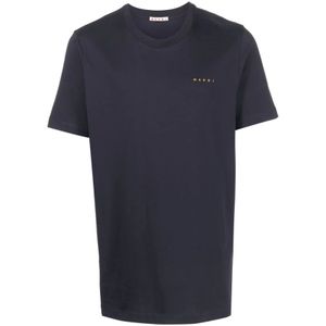 Marni, Blauwe T-shirts en Polos met Korte Mouwen en Marni Logo Borduursel Blauw, Heren, Maat:M