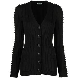 Durazzi Milano, Zwarte Geribbelde Cardigan met 3D Polkadot Mouwen Zwart, Dames, Maat:L