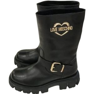 Love Moschino, Zwarte Leren Enkellaars Platte Schoenen Zwart, Dames, Maat:37 EU