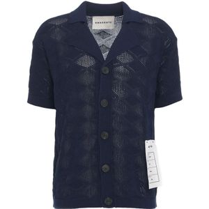 Amaránto, Italiaans Gebreid Overhemd met Knoopsluiting Blauw, Heren, Maat:L