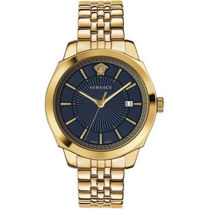 Versace, Accessoires, Heren, Geel, ONE Size, Klassiek Goud Staal Blauw Wijzerplaat Horloge