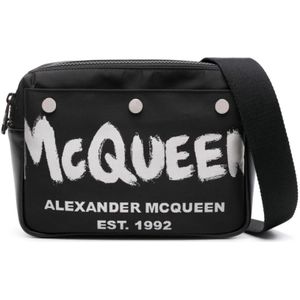 Alexander McQueen, Tassen, Heren, Zwart, ONE Size, Polyester, Zwarte Messenger Tas met Logo Print