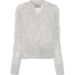 Ermanno Scervino, Truien, Dames, Wit, XS, Wol, Chunky Cable Gebreide V-Hals Sweater