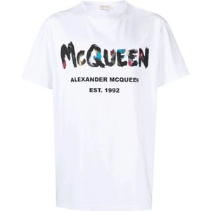 Alexander McQueen, Tops, Heren, Wit, L, Katoen, Waterverf Graffiti-print T-shirt Wit