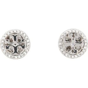 Tory Burch, Accessoires, Dames, Grijs, ONE Size, Crystal Logo Circle Stud -oorbellen