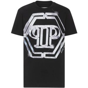 Philipp Plein, Zwarte katoenen T-shirt met iconisch logo Zwart, Heren, Maat:M
