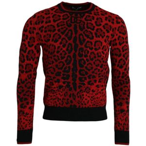 Dolce & Gabbana, Sweatshirts & Hoodies, Heren, Veelkleurig, L, Wol, Leopard Crew Neck Pullover Sweater