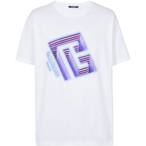 Balmain, Tops, Heren, Wit, XL, Katoen, Neon logo T-shirt