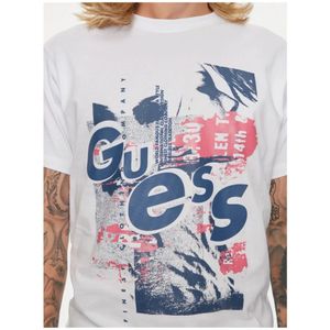 Guess, Tops, Heren, Wit, M, Katoen, Bedrukt Katoenen T-shirt - Wit Ronde Hals Korte Mouw