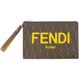 Fendi, Tassen, Heren, Bruin, ONE Size, Katoen, Platte Clutch met Ritssluiting