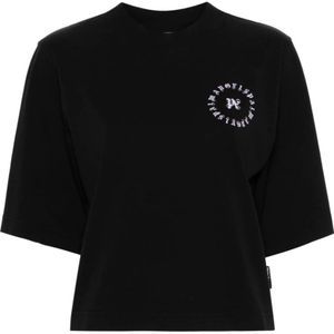 Palm Angels, Tops, Dames, Zwart, XS, Katoen, Zwart Logo Print Crop T-shirt