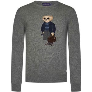 Ralph Lauren, Truien, Heren, Grijs, L, Grijze Cashmere Crewneck Sweater met Polo Bear Patch