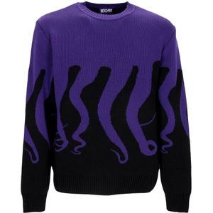 Octopus, Truien, Heren, Paars, M, Katoen, Crewneck Sweater Zwart/Paars Geborduurd Logo