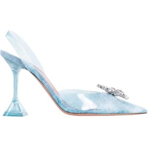 Amina Muaddi, Schoenen, Dames, Blauw, 36 1/2 EU, Denim, Kristallen Broche Denim Slingback Hakken