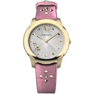 Versace, Audrey Leren Horloge met Gouden Nieten Roze, Dames, Maat:ONE Size