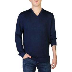 Calvin Klein, Heren Trui met Lange Mouwen en V-Hals van Wol Blauw, Heren, Maat:XL