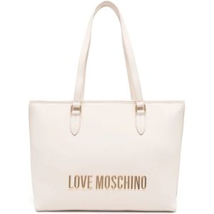 Love Moschino, Tassen, Dames, Beige, ONE Size, Ivoor Logo Tas met Gouden Plaque