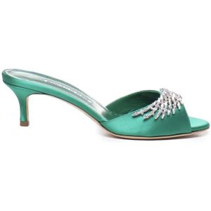 Manolo Blahnik, Schoenen, Dames, Groen, 37 EU, Satijn, Groene Satijnen Kristallen Sandalen