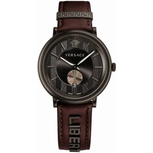 Versace, Zwitserse Cirkel Leren Horloge Bruin Zwart, Heren, Maat:ONE Size