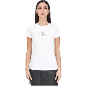 Calvin Klein Jeans, Tops, Dames, Wit, S, Pailletten, Witte T-shirt met paillettenprint
