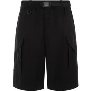 Y-3, Korte broeken, Heren, Zwart, XL, Zwarte Twill Shorts Wijde Pijpen
