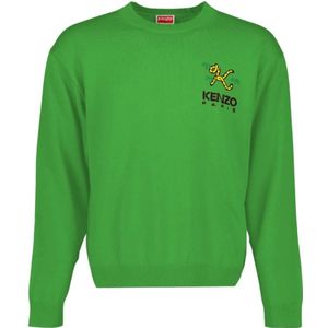 Kenzo, Sweatshirts & Hoodies, Heren, Groen, S, Wol, Geborduurde Logo Wollen Trui