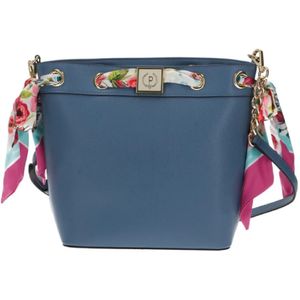 Pollini, Tassen, Dames, Blauw, ONE Size, Blauwe Bucket Bag met Verstelbare en Afneembare Schouderband en Bloemensjaal