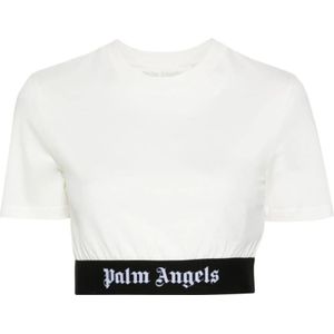 Palm Angels, Witte Logo-Jacquard Hem Crop Top Wit, Dames, Maat:S