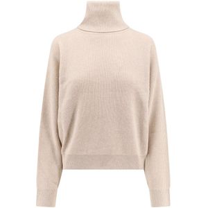 Brunello Cucinelli, Truien, Dames, Beige, L, Wol, Luxe Cashmere Silk Turtleneck Sweater