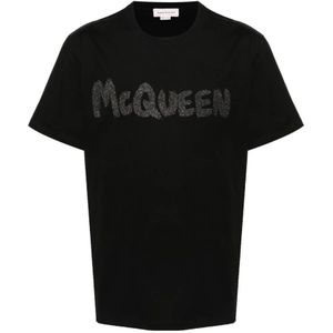 Alexander McQueen, Tops, Heren, Zwart, M, Katoen, Glitter Logo Print Crew Neck T-shirt