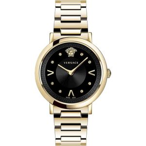 Versace, Chique Goud Stalen Armband Zwarte Wijzerplaat Horloge Geel, Dames, Maat:ONE Size