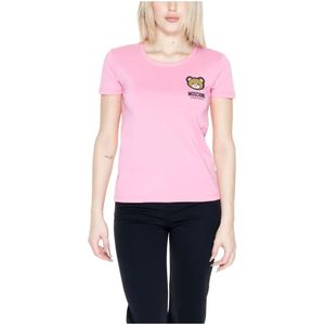 Moschino, Tops, Dames, Roze, L, Katoen, Roze bedrukt dames T-shirt met korte mouwen
