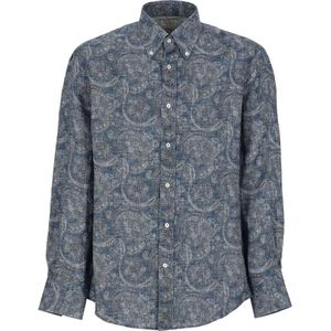 Brunello Cucinelli, Blauw Linnen Overhemd met Paisley Patroon Blauw, Heren, Maat:XL