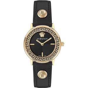 Versace, Accessoires, Dames, Geel, ONE Size, Logo Halo Leren Band Horloge Zwart