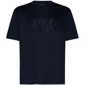 Giorgio Armani, Tops, Heren, Blauw, M, Katoen, Blauwe Jersey Logo T-shirts Polos