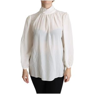 Dolce & Gabbana, Blouses & Shirts, Dames, Wit, M, Dolce & Gabbana White Silk Bow Long Sleeved Top Blouse